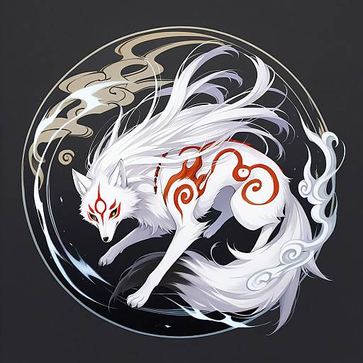 Illustration of Amaterasu (ookami), ookami (game) in the style of U35