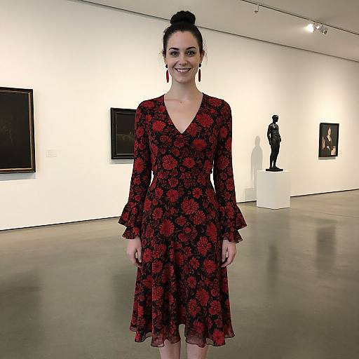Photograph of a smiling woman with dark hair in an updo, wearing a red floral dress, standing in a modern art gallery with white walls,