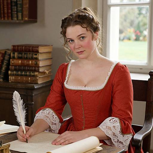 Photograph of a fair-skinned woman with curly brown hair in a red 18th-century dress with white lace, writing with a quill in
