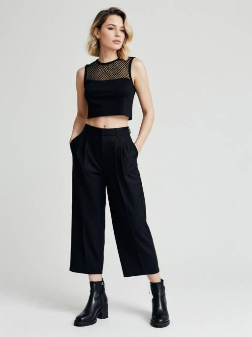 Woman in Black Cropped Mesh Top and Trousers
