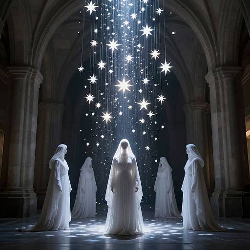 Ethereal Figures in Starry Corridor