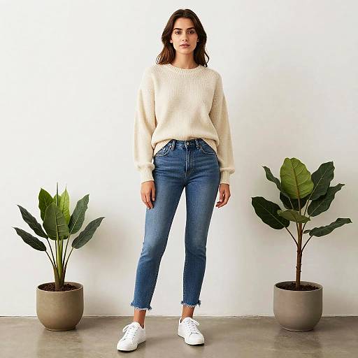 Woman in Cozy Sweater and Jeans Standing Between Plants