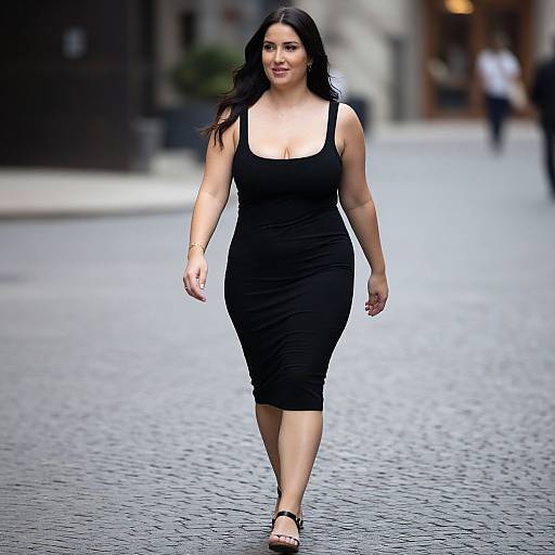 Photograph of a confident, curvy woman with long black hair, wearing a form-fitting black dress and sandals, walking on a cobblestone