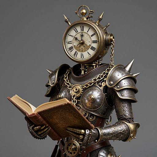 Steampunk clockwork knight with a clock head reads an open book, adorned in metallic armor with spiked shoulders, against a gray background. Photoreal