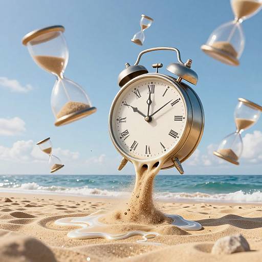 Photograph of a silver alarm clock with sand pouring into its base, surrounded by floating hourglasses on a sunny beach. Blue sky and ocean in