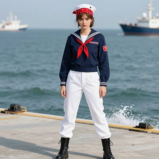 Photograph of a young woman in navy sailor uniform with red neckerchief, white pants, black boots, red bandana, standing on dock,