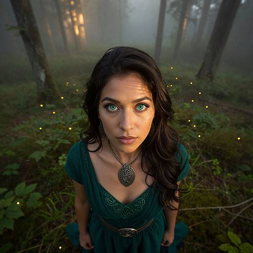 Photograph of a young woman with striking green eyes, long black hair, wearing a teal dress and ornate necklace, surrounded by glowing fireflies in