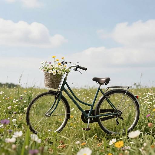 Photograph of a green bicycle with a wicker basket filled with yellow and white flowers, standing in a vibrant meadow of wildflowers under a bright