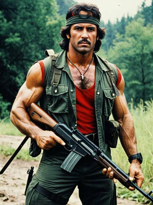 Man in Rambo First Blood Costume with Rifle