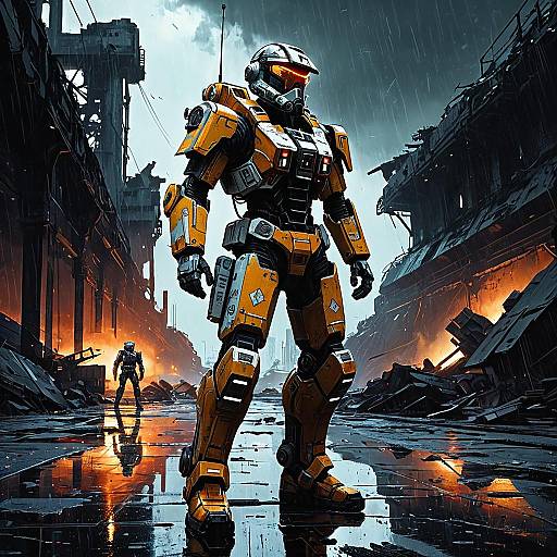 Futuristic Rebel Mech Pilot in Ruined Industrial Battlefield