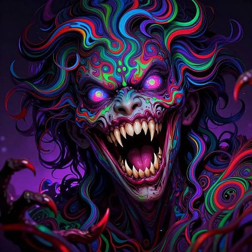 Vibrant, digital artwork of a monstrous face with glowing pink eyes, sharp white teeth, and colorful, wavy, neon hair against a dark