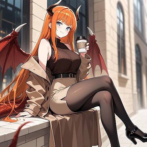 Anime-style digital illustration of a red-haired demon girl with horns, red wings, black dress, off-shoulder coat, black tights, and