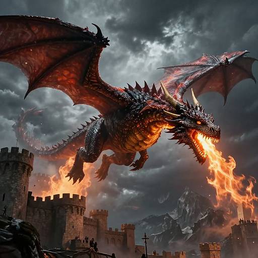 Digital art of a fiery red and black dragon with glowing eyes, mid-flight above burning medieval castle towers in a stormy sky.
