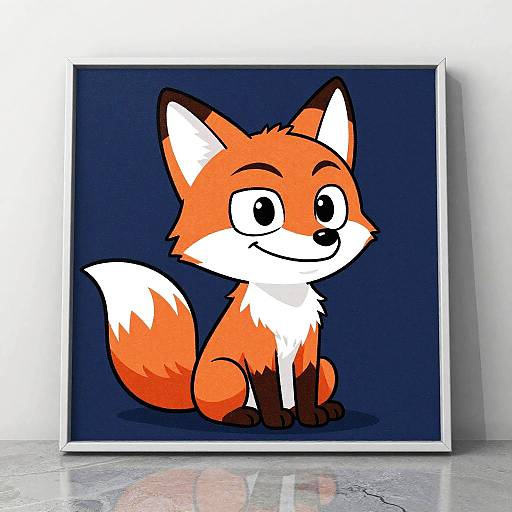 Digital drawing of a cute, cartoon-style, orange and white fox with large black eyes, sitting on a dark blue background, framed and leaning against a
