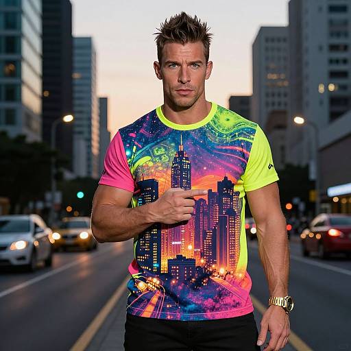 Muscular man with short, spiked brown hair, wearing neon pink and yellow graphic cityscape T-shirt, standing on urban street at dusk.