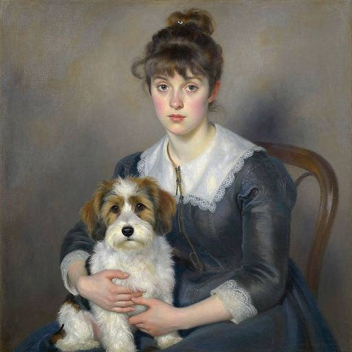 Photorealistic painting of a young woman with fair skin and brown hair in an updo, wearing a dark dress with white lace, holding a small