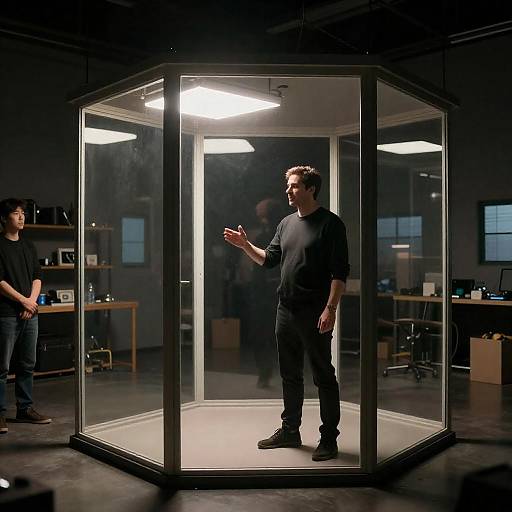 Man Gesturing in Glass Industrial Enclosure