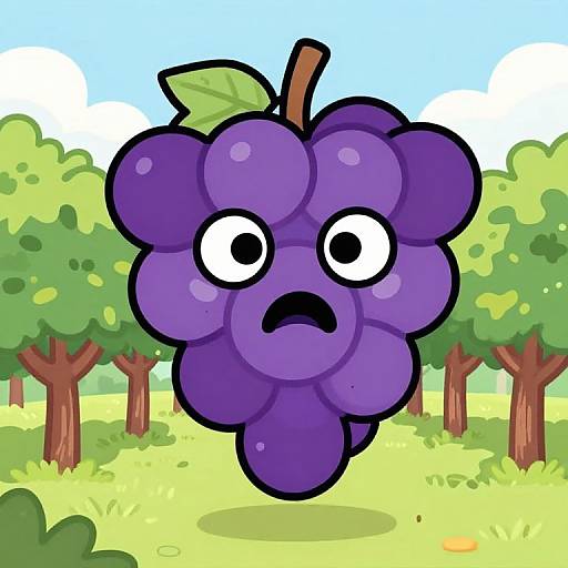 Cartoon-style drawing of a surprised purple grape with wide eyes and an open mouth, floating in a sunny, green orchard.