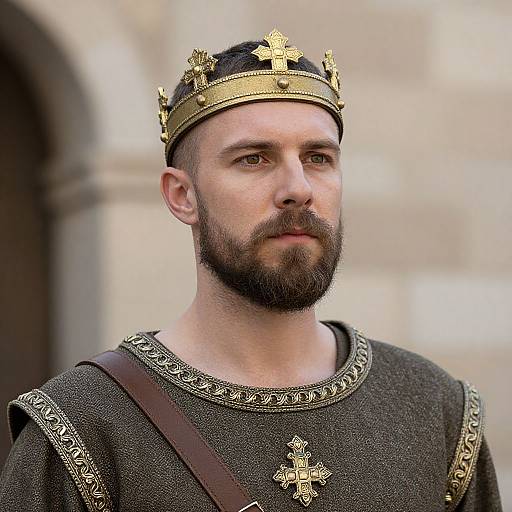 Photograph of a bearded man with a dark beard and brown eyes, wearing a gold crown and ornate dark medieval tunic.