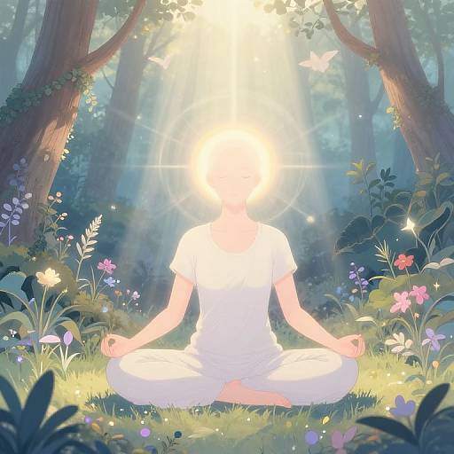 Digital anime-style illustration of a person with a glowing, sunlit head, sitting in a white dress, meditating in a luminous forest. Sun