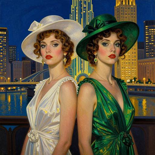 Artistic digital illustration of two women with curled hair, wearing white and green dresses, wide-brimmed hats, and earrings, standing against a night