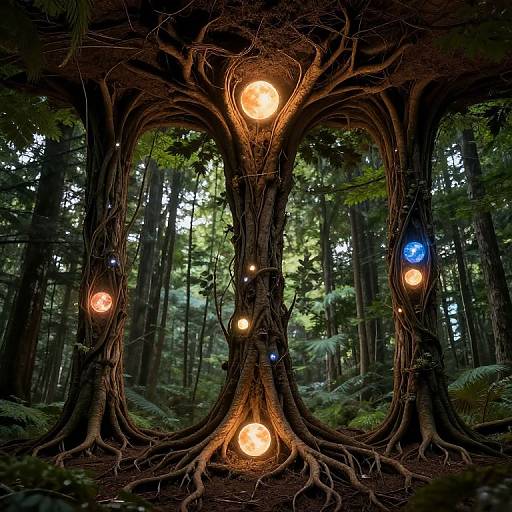 Photograph of a mystical forest tree with glowing, colorful orbs (orange, blue, yellow) embedded in its twisted, gnarled branches, surrounded