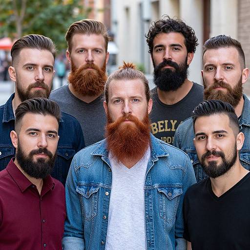 Photograph of nine bearded men with varying beard styles and lengths, wearing casual clothing, standing closely together outdoors in a city setting.