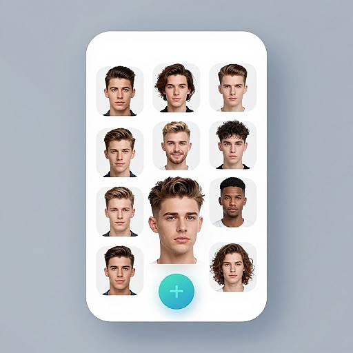 Digital image of a white app icon with 12 male headshots in a grid, displaying various hairstyles and expressions, featuring a blue plus button at the