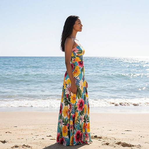 Photograph of a woman with long black hair in a colorful floral sundress standing on a sunny beach with sparkling ocean waves.