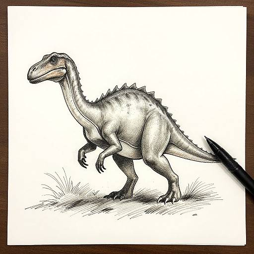 Black ink drawing of a standing, detailed dinosaur with spines along its back, clawed feet, and a tail, on white background framed by a