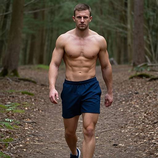Muscular Man Walking Through Forest