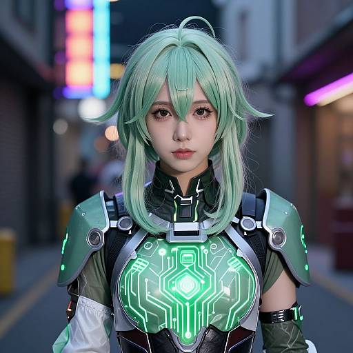 Photograph of a young Asian woman with green hair and futuristic armor, glowing neon chest design, standing in a neon-lit urban alley at night.