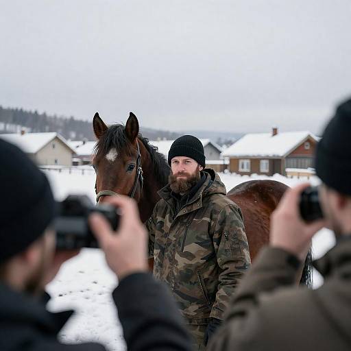 Bearded Man and Horse in Snowy Village