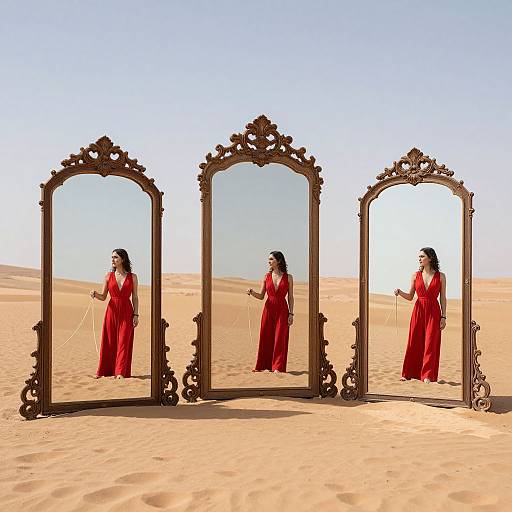 Photograph of a woman in a red dress standing in a desert, reflected in three ornate, Victorian-style mirrors lined up.