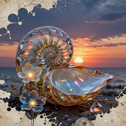 Digital artwork of a glowing, translucent seashell and scallop set against a vibrant sunset ocean backdrop with blue flowers and splattered paint effects.