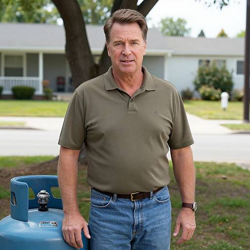 Photograph of middle-aged white man with short brown hair, wearing olive green polo and blue jeans, standing outdoors by a blue propane tank. Suburban
