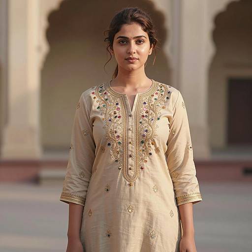 Young Woman in Beige Embroidered Kurti Outdoors