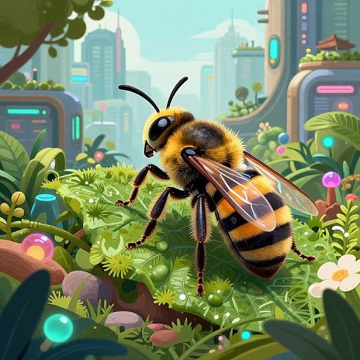 Digital illustration of a vibrant, detailed honeybee with yellow and black stripes, hovering over lush green foliage in a futuristic cityscape. Bright, colorful lights