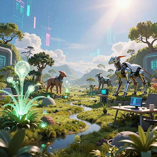 Digital art: futuristic landscape with glowing plants, robotic cow and dog, blue skies, mountains, laptops, and neon signs in a vibrant, sci-fi