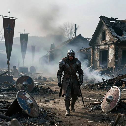 Photograph of a medieval warrior in silver armor and helmet, walking through a smoky, ruined village with scattered shields and debris.