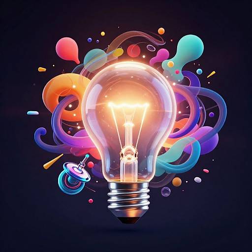 Vibrant digital illustration of a glowing light bulb with colorful swirling patterns, including balloons and shapes, set against a dark background.