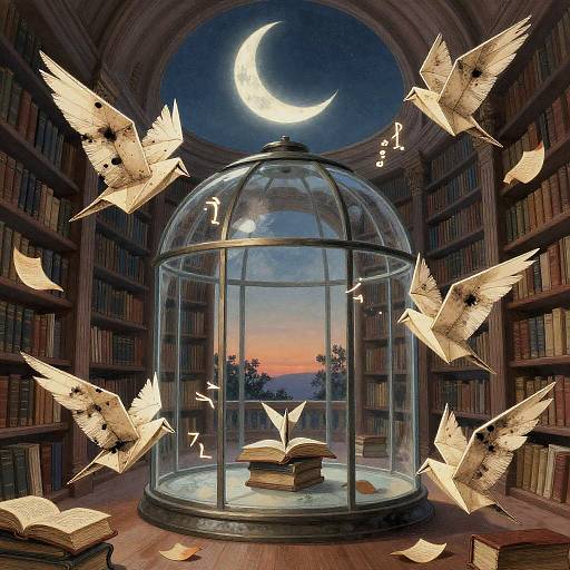 Surreal Library with Origami Book Birds