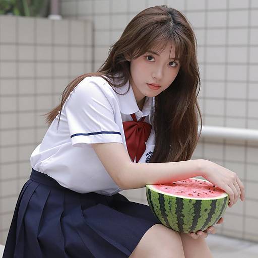 Asian Girl in School Uniform with Watermelon