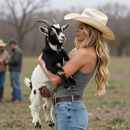 Woman Holding Black and White Goat in Field