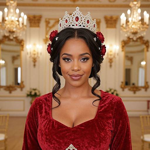 Photograph of an elegant Black woman with dark curly hair, wearing a red velvet dress and silver tiara adorned with red roses, in a luxurious,