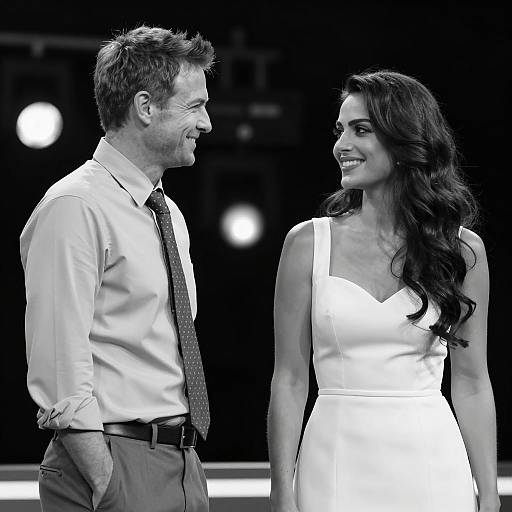 Photograph of a smiling middle-aged man in a white shirt and tie, standing beside a beautiful woman in a white, sleeveless dress, both facing