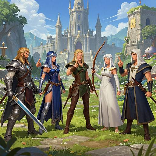 Fantasy digital art: five warriors in medieval armor and a nun stand in a lush, castle-filled landscape, ready for battle. Bright blue sky,