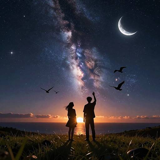 Silhouetted girl and boy stand in grassy field at sunset, gazing at Milky Way, crescent moon, and flying birds in star