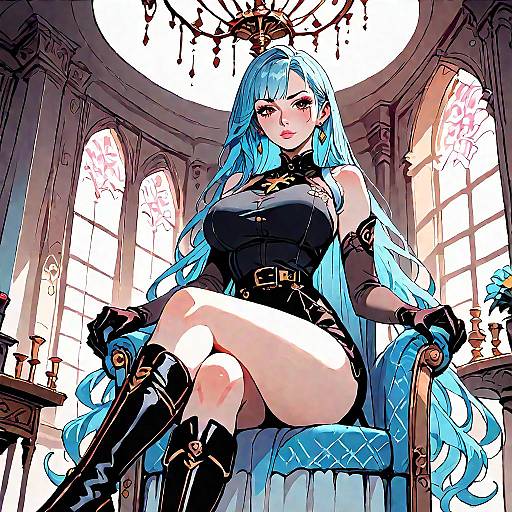 Digital anime-style illustration of a blue-haired woman with long hair, black dress, and boots, sitting confidently in a grand, sunlit room with ar