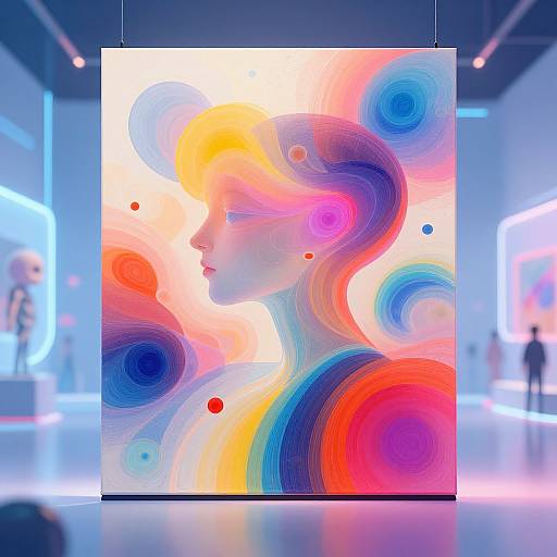 Abstract digital painting of a profiled woman with vibrant swirls of red, blue, orange, and yellow in a modern gallery.
